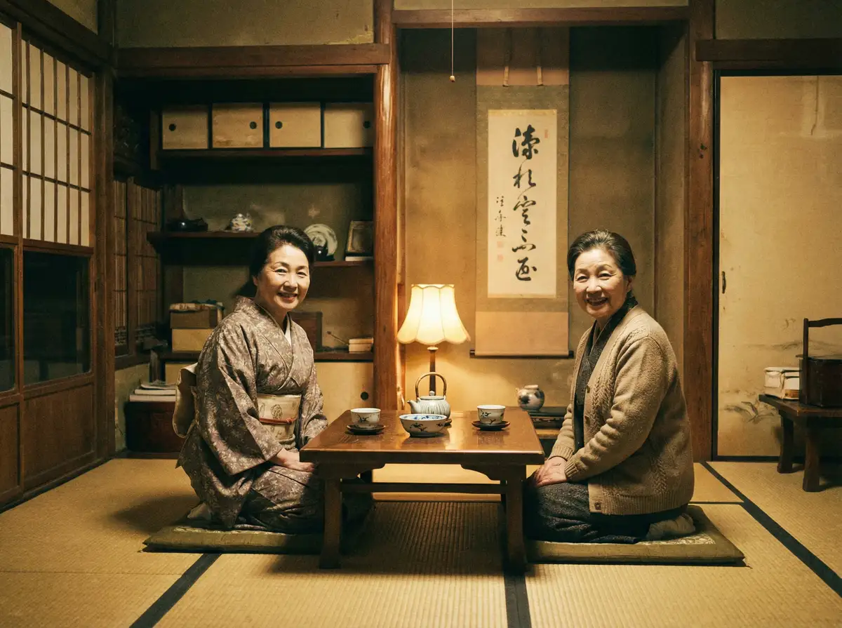 两位优雅的 电脑辐射范围 在日式茶室中品茶交谈